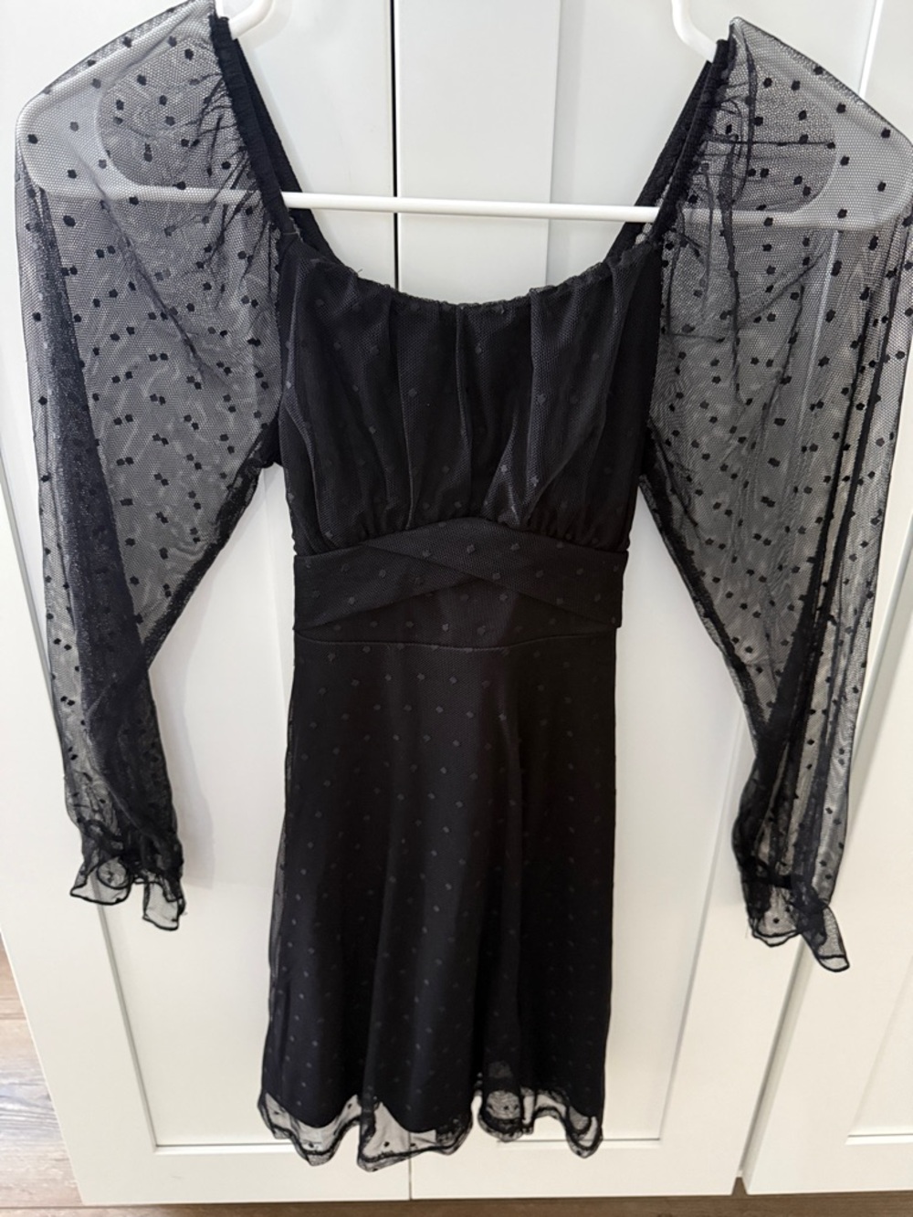 Girls Black Sheer Polka Dot Off-Shoulder Dress with Tie Waist